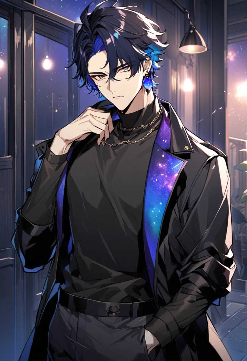 a handsome young man, he wears galaxy colored earrings, wolf style haircut, he looks so mysterious, He was dressed in a black shirt with his black coat hanging over his shoulder. Manhwa style.