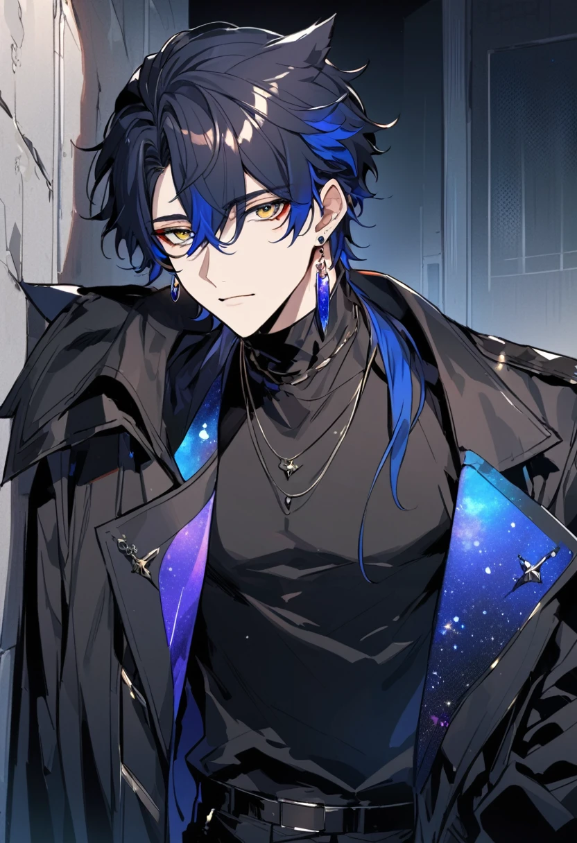 a handsome young man, he wears galaxy colored earrings, wolf style haircut, he looks so mysterious, He was dressed in a black shirt with his black coat hanging over his shoulder. Manhwa style.  