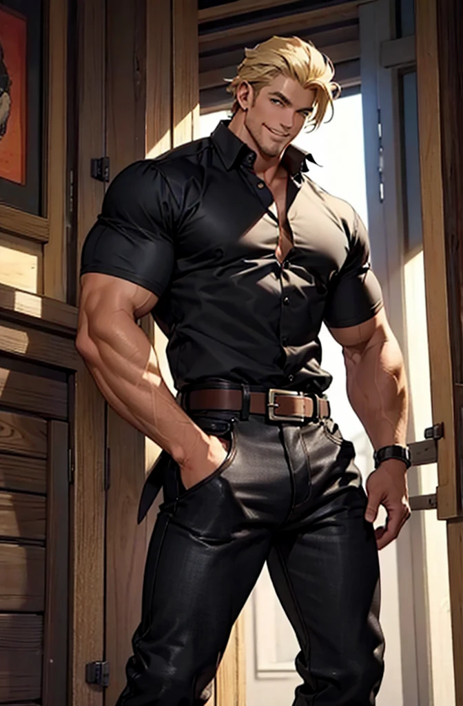 1 male，Handsome，Tall stature，muscle，Black pants，belt，blond，smile，masterpiece