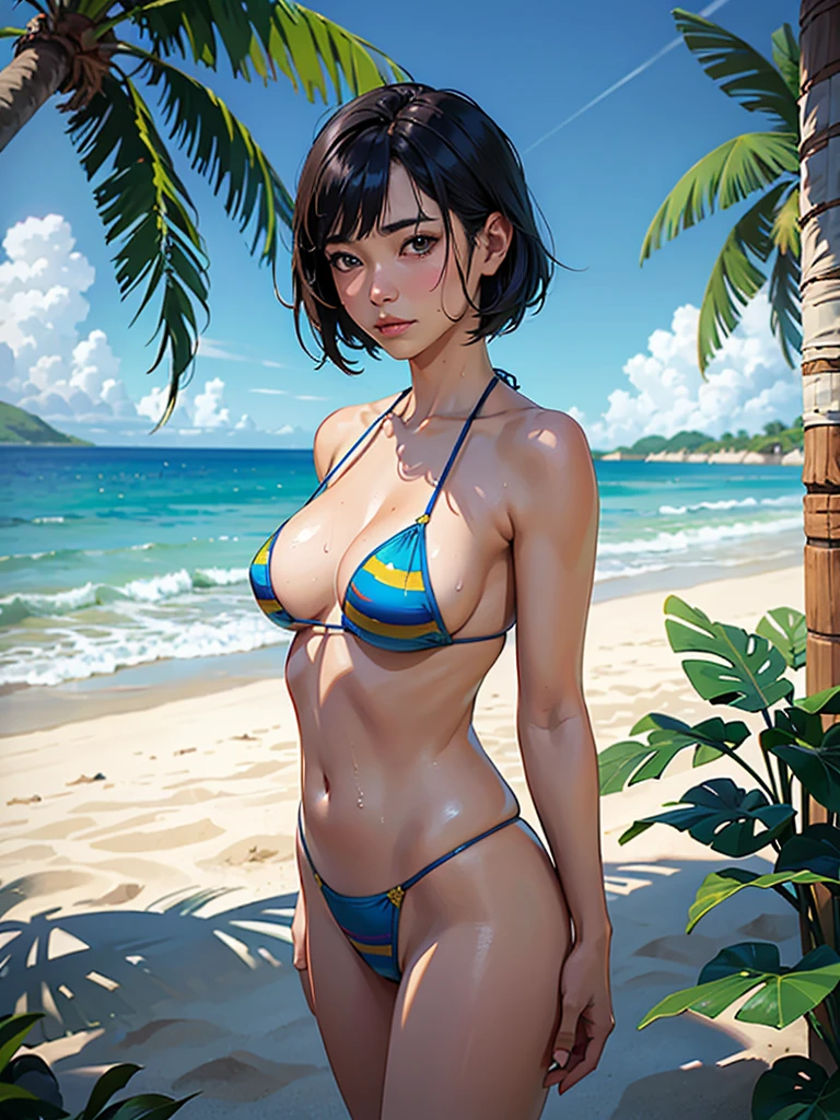 ((highest quality, masterpiece, High resolution)), ((reality)),Photos of beautiful Japanese women,((anime art))、 (((1 girl))), normal size breasts, slim body shape,  medium short hair, double eyelid, Wet see-through micro bikini,  A pareo with bold ethnic patterns and plenty of primary colors、realistic skin、Wet,whole body,cinematic light、tropical、Against the background of palm trees on both sides、on a sunny beach、With the sea in the background、blur background、