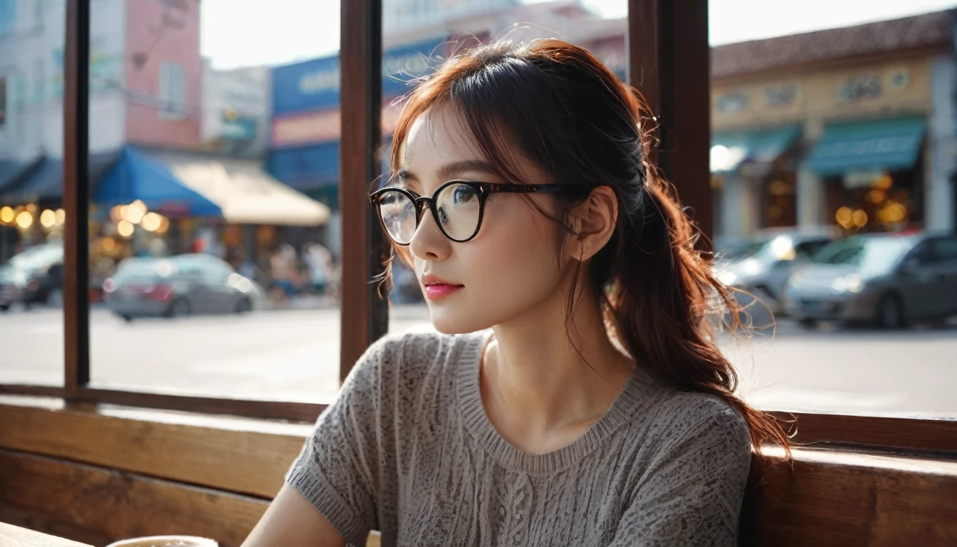 Close-up of beautiful girl with rimless glasses sitting in cafe,Looking out the window.There is a cup of ice coffee on the wooden table(整個頭部Looking out the window.The moment the sun shines)Surrounded by the dazzling afternoon sun, shadow and shade textures,The whole scene looks lazy and romantic, Effortlessly elegant aesthetics.。Cafe bokeh background