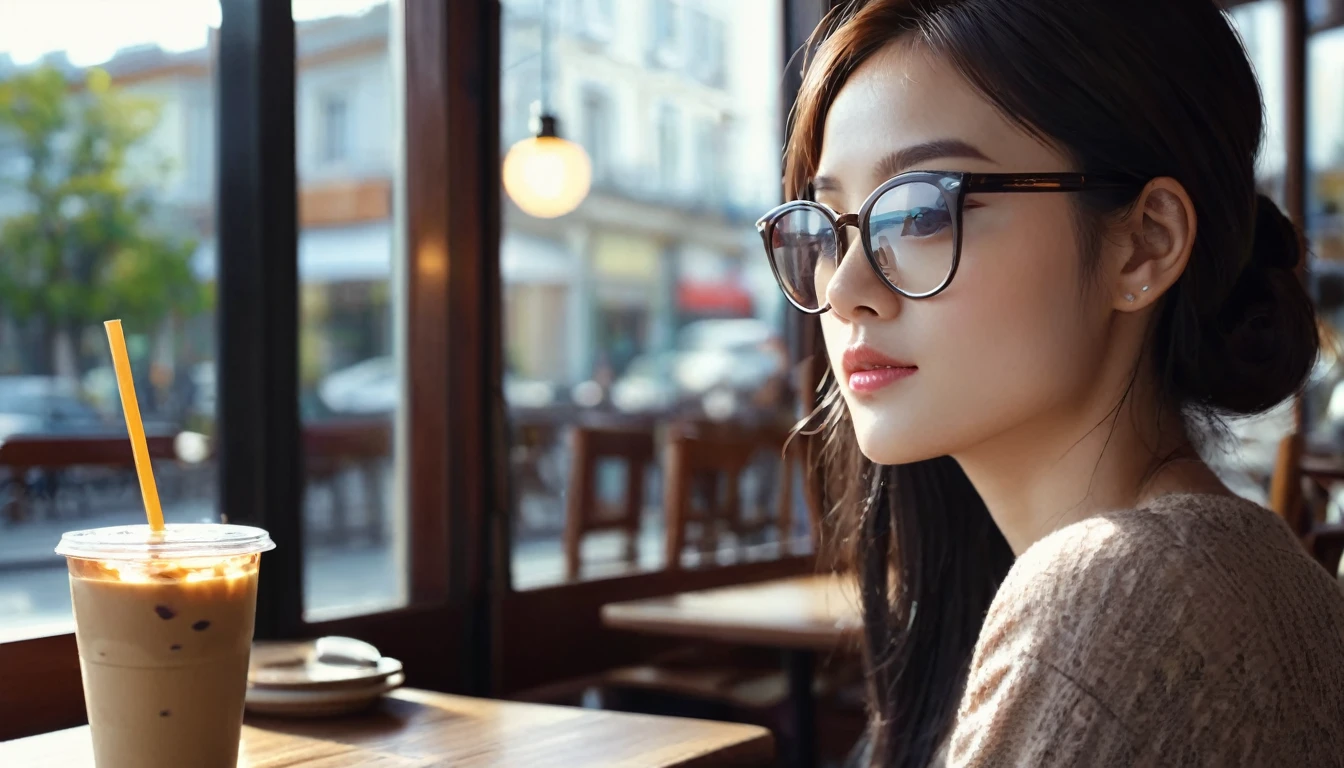 Close-up of beautiful girl with rimless glasses sitting in cafe，Looking out the window.There is a cup of ice coffee on the wooden table(整個頭部Looking out the window.The moment the sun shines)Surrounded by the dazzling afternoon sun, shadow and shade textures，The whole scene looks lazy and romantic, Effortlessly elegant aesthetics.。Cafe bokeh background