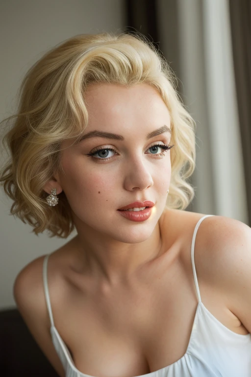 1 Marilyn Monroe, extremely beautiful blonde. Extremely slender, big bright blue eyes, wearing See-through silhouette shirt falling down showing shoulders, symmetrical body, sensualizing, pouting with orgasmic expression, highly arousing, high quality 32k, UHD, hyper-realistic, cinematic, dynamic close-up above.