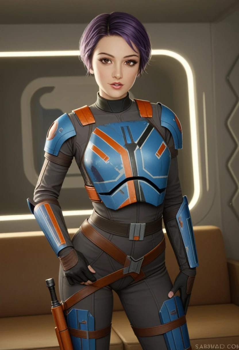 score_9_up, score_8_up, score_7_up, 1girl, solo, mature female, ((Sabin Wren)), purple short hair, pixie haircut, brown eyes, pink lips, parted lips, fit slim body, (((brown graffiti Mandalorian armor suit))), (((dark grey Starship room, space in the porthole, detailed furniture, highly detailed interior, blue led backlight))), perfect model body, seductive pose