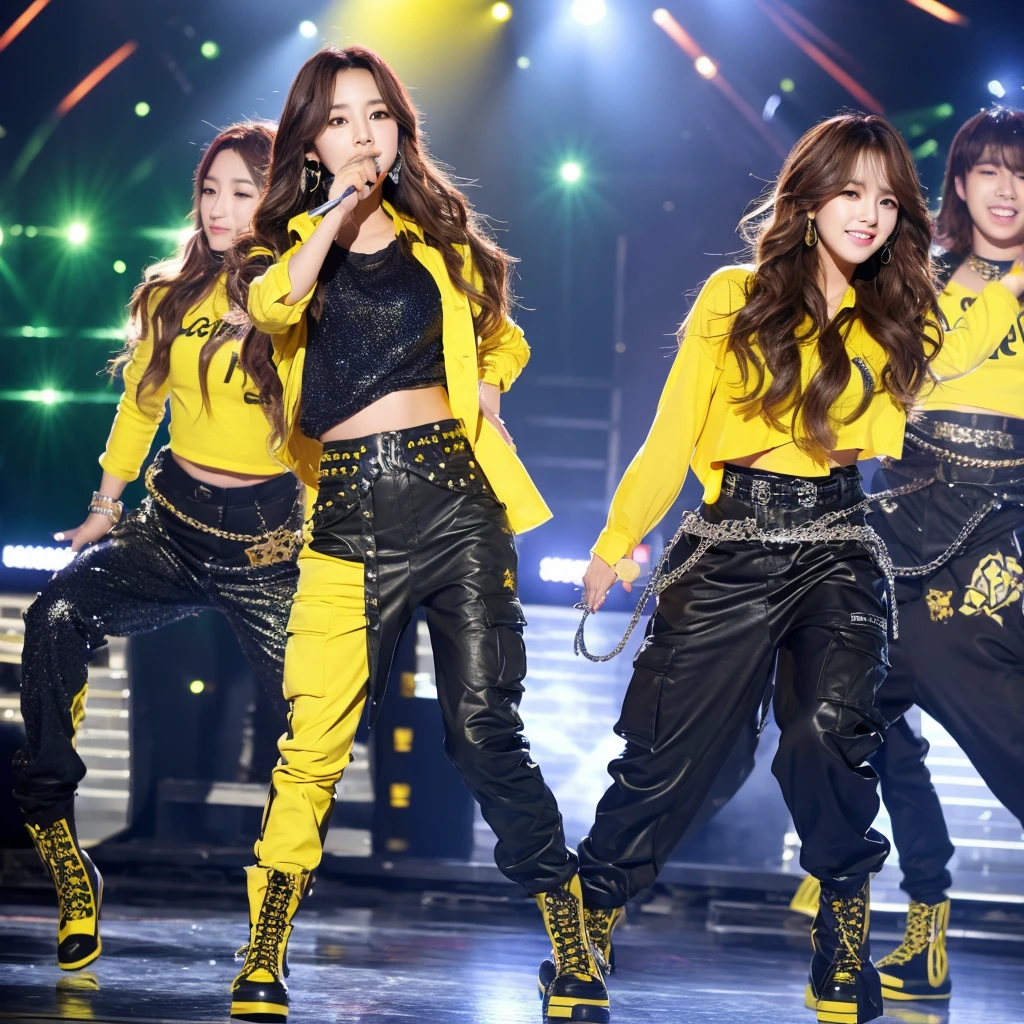 Create a Korean kpop idol with wavy hair and long silver bangs and green eyes dressed in black cargo pants and a yellow blouse written luminosity with some star decorations not only on the blouse but also on the pants and wearing yellow boots and doing the choreography of one of his songs on stage