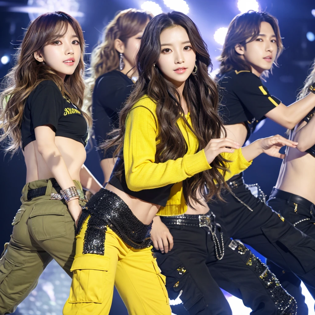 Create a Korean kpop idol with wavy hair and long silver bangs and green eyes dressed in black cargo pants and a yellow blouse written luminosity with some star decorations not only on the blouse but also on the pants and wearing yellow boots and doing the choreography of one of his songs on stage