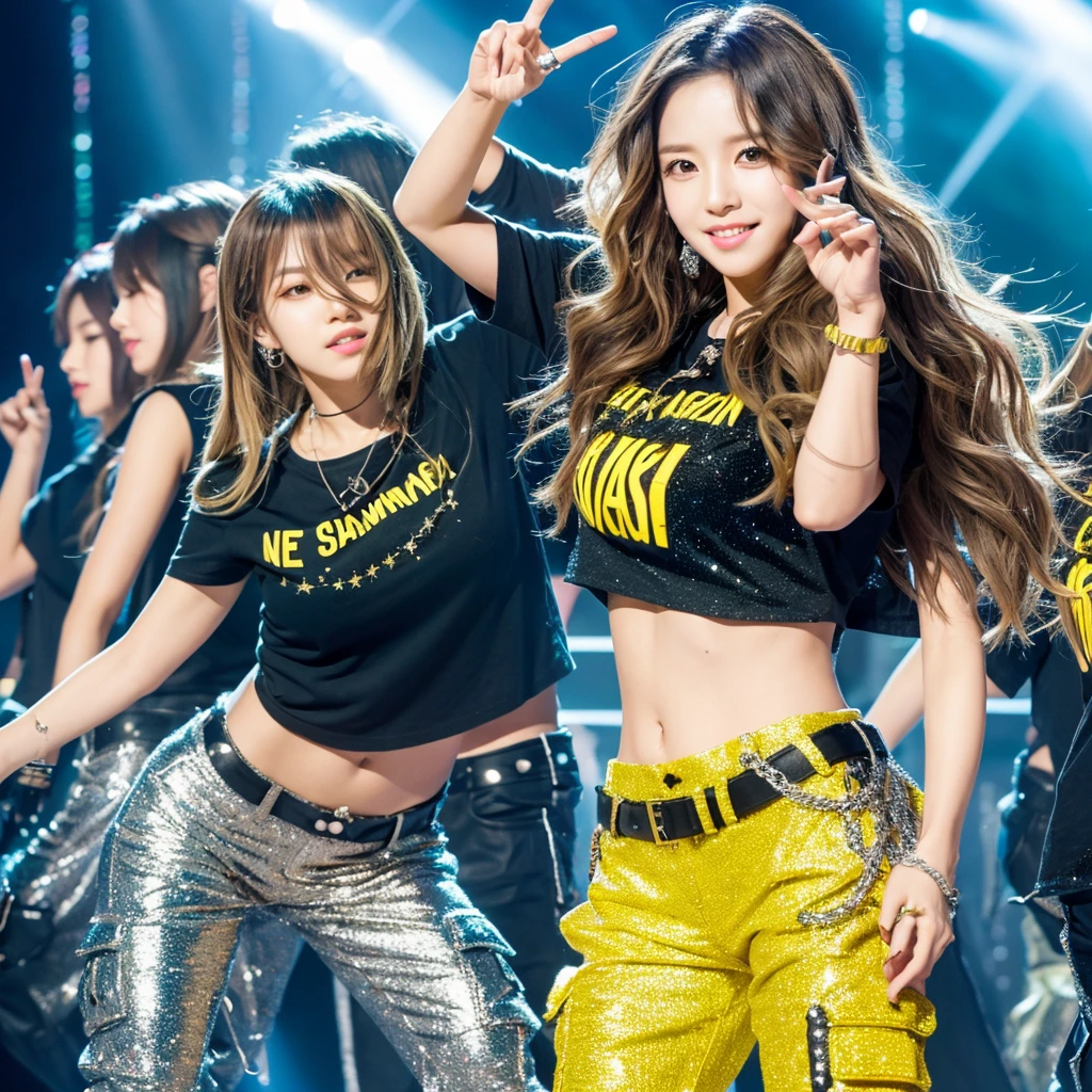 Create a Korean kpop idol with wavy hair and long silver bangs and green eyes dressed in black cargo pants and a yellow blouse written luminosity with some star decorations not only on the blouse but also on the pants and wearing yellow boots and doing the choreography of one of his songs on stage