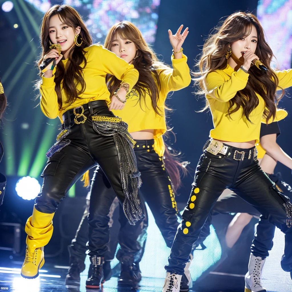 Create a Korean kpop idol with wavy hair and long silver bangs and green eyes dressed in black cargo pants and a yellow blouse written luminosity with some star decorations not only on the blouse but also on the pants and wearing yellow boots and doing the choreography of one of his songs on stage