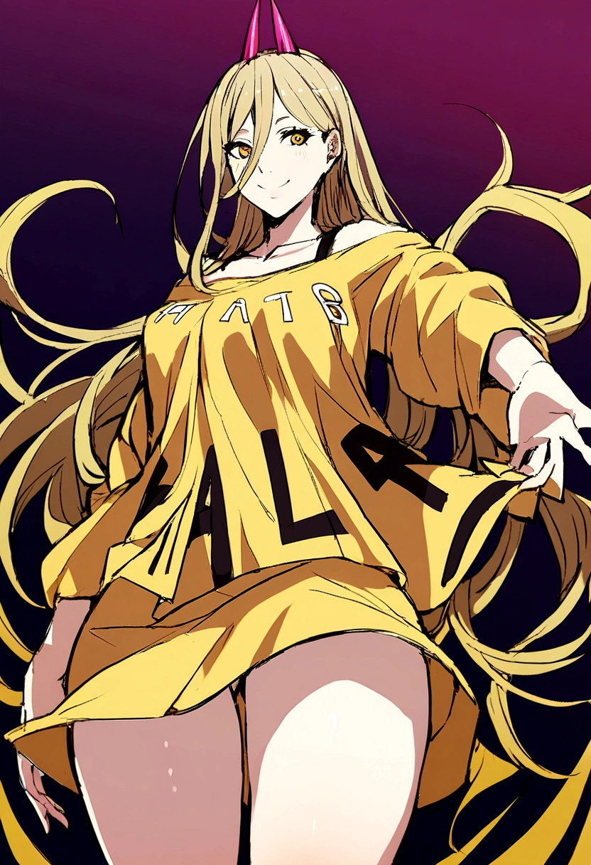 1 girl, smiling, wearing oversized yellow shirt reaching mid-thigh, text "Harl" .vibrant color,.