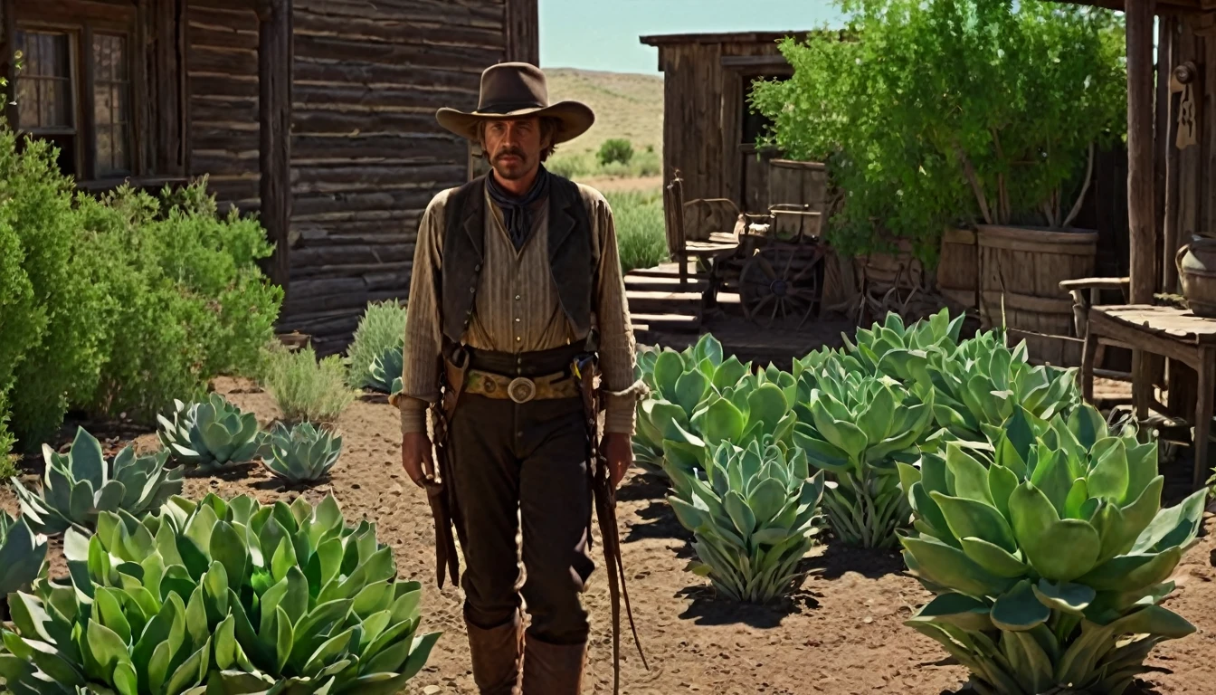 Create an image that illustrates this text: James, still small, played by his side, growing strong like the plants his mother nurtured... the old west. high definition cinematic image.