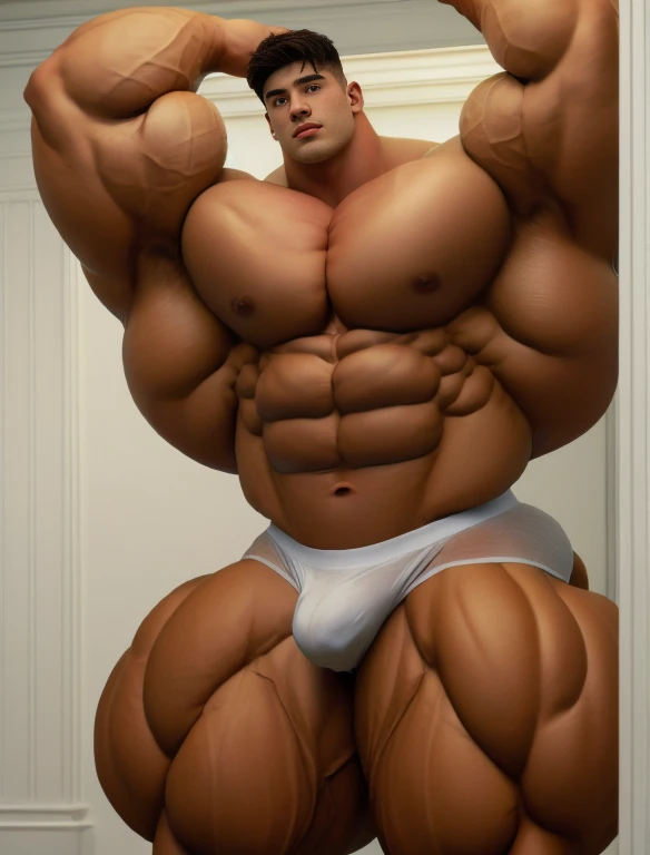 1boy, giant, alone, giant bodybuilder, illuminating light, strong body, bulk, large size, standing in white room photo studio, indoor, armpit, nude, white triangular underwear, thick bulge, scratch his bulge, extraordinary big, brutalmass, giant muscular body, bulk, buff, massive body, large meaty body size, extremely wide body