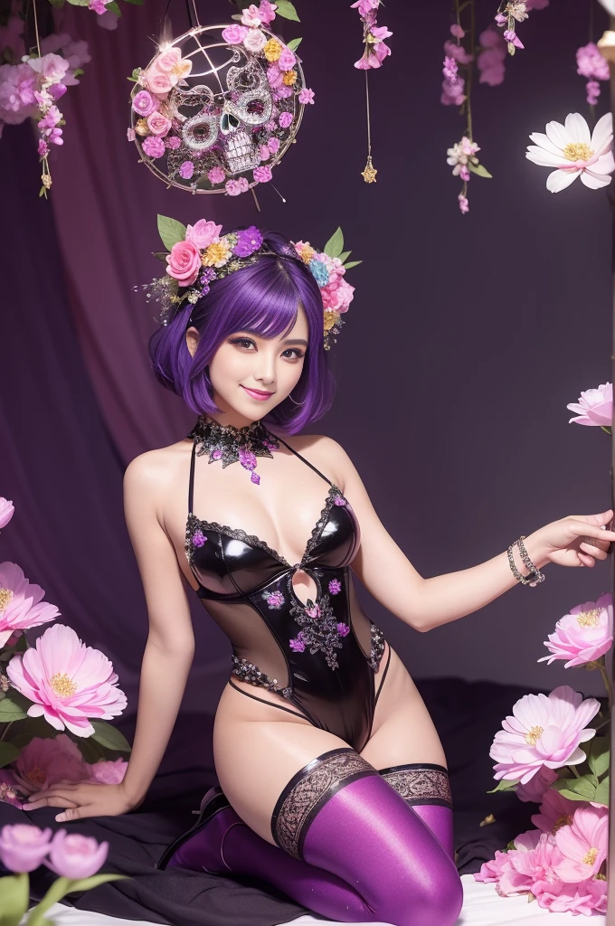beautiful Mexican model who controls poison、happy smile、lipgloss、intense makeup、look at the camera、full body Esbian、、sparkling poisoned flower costume、、、、sparkling Colorful short hair、secrete poison、skull hair accessories、sexy tights、shiny sparkling flowers background
