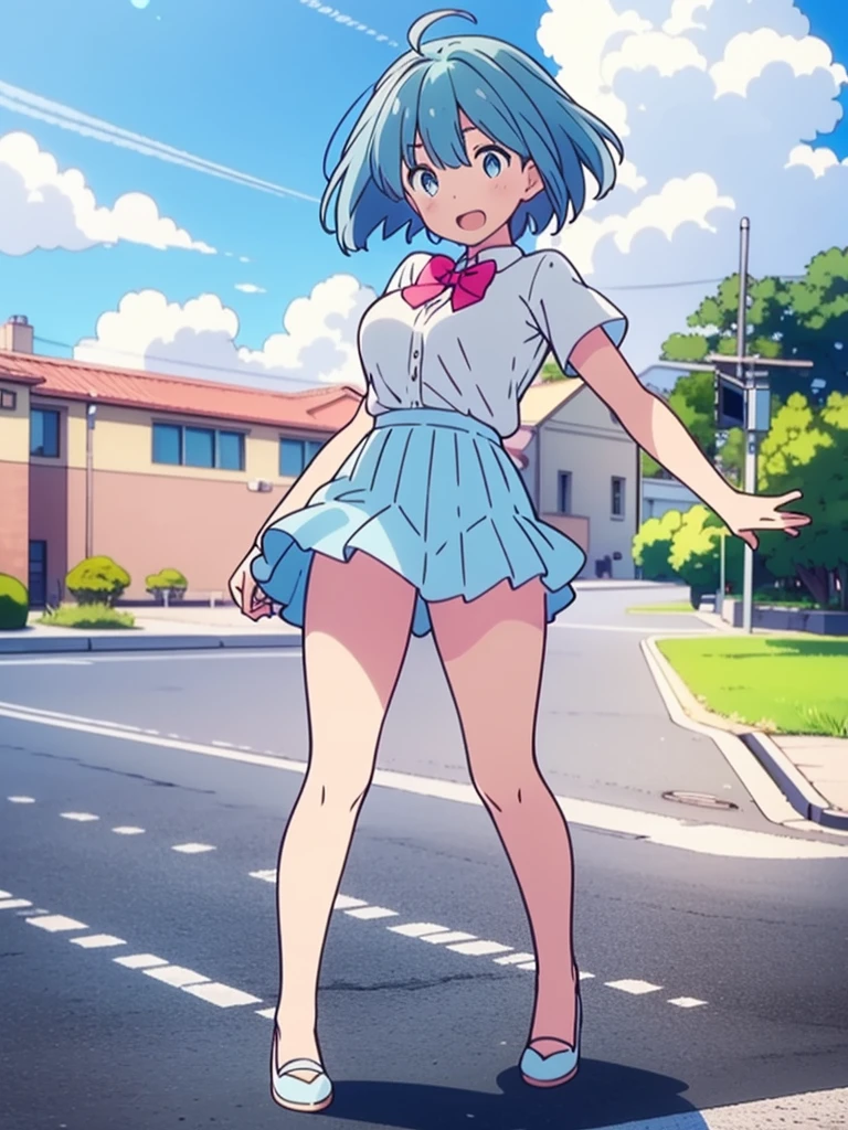 masterpiece, best quality, solo, ,
short hair, blue hair, straight hair, blue eyes, white shirt, open mouth, bowtie, large breasts, button gap, blank eyes, full body Short skirt
blue sky, wind,