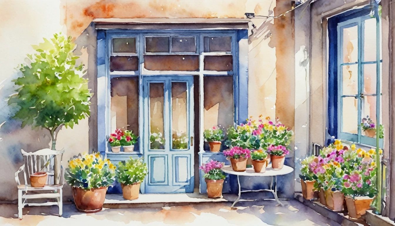flower shop,coffee spot,table,Chair,nobody,Windows,Flowers,plant,potted plant,watercolor (Moderate),landscape,gate,air conditioner,painting (Moderate),traditional media,houses,outgate,balcony,architecture,masterpiece,best quality,high quality,plant,, masterpiece,best quality,high quality,