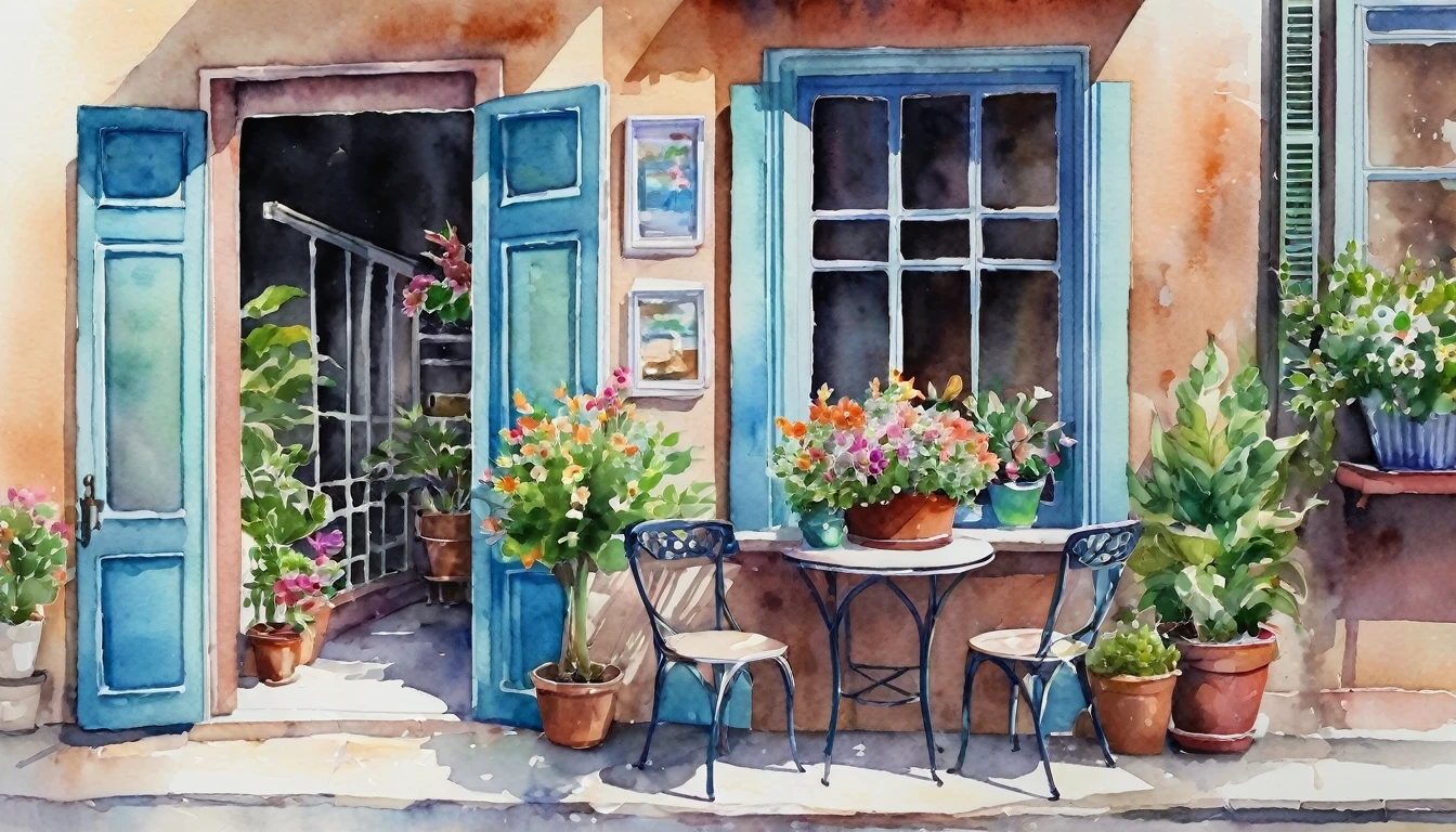 flower shop,coffee spot,table,Chair,nobody,Windows,Flowers,plant,potted plant,watercolor (Moderate),landscape,gate,air conditioner,painting (Moderate),traditional media,houses,outgate,balcony,architecture,masterpiece,best quality,high quality,plant,, masterpiece,best quality,high quality,