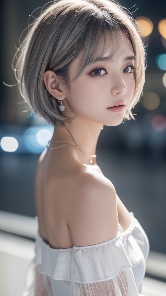((Highest quality、8K、masterpiece:1.3))、Sharpness:1.2、Perfect body beauty:1.4、Slim Abs:1.2、((Short Hair Styles Grey Hair、Big Tits Cleavage:1.2))、(White off-shoulder shirt:1.1)、(Neon city at night:1.2)、Wet:1.5、Highly detailed face and skin texture、Fine particles、double eyelid、Profile looking at the camera、tits