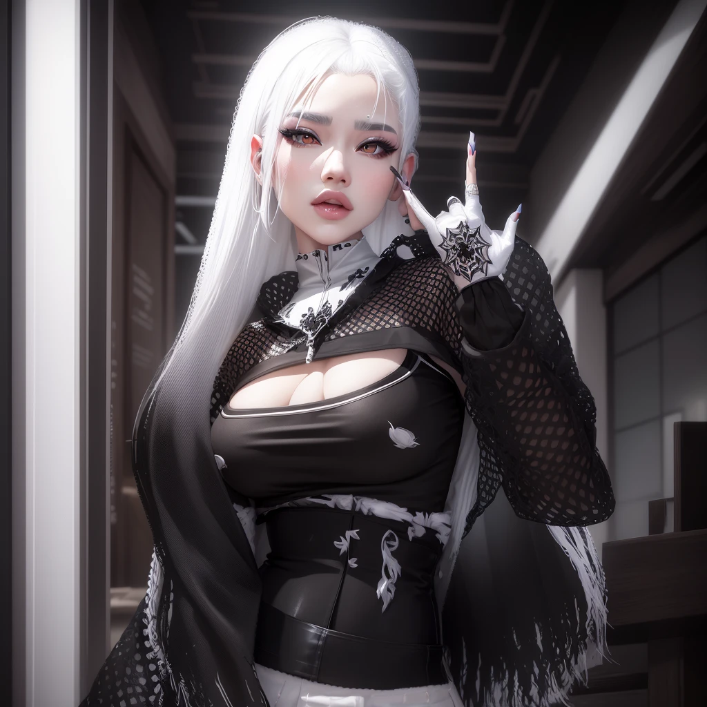 AVATAR SECOND LIFE Korean girl black blouse , Asian, White hair, White hair, White hair, Perfect and detailed face, imvu, maximalist details, AVATAR SECOND LIFE Korean blouse and pants , neon, White hair, skirt with ripped tights, Black Skirt, eye white