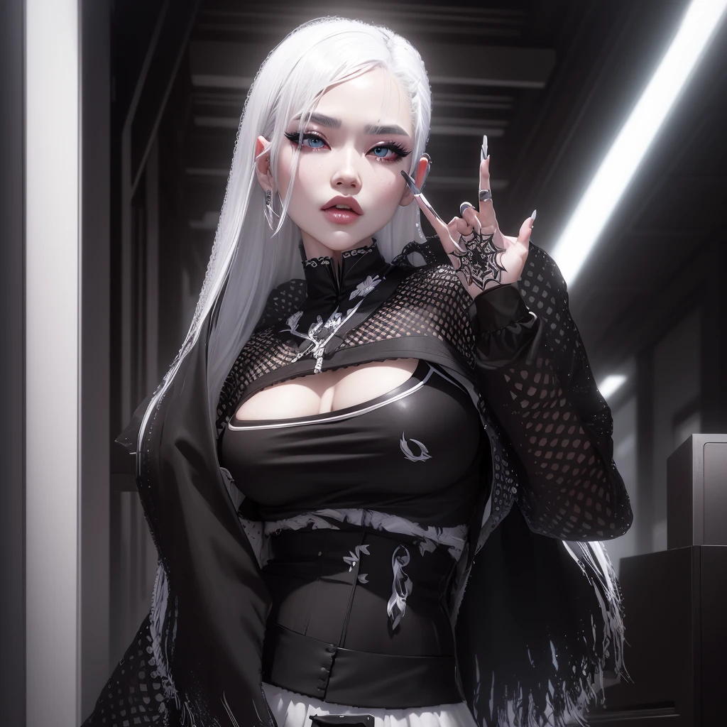 AVATAR SECOND LIFE Korean girl black blouse , Asian, White hair, White hair, White hair, Perfect and detailed face, imvu, maximalist details, AVATAR SECOND LIFE Korean blouse and pants , neon, White hair, skirt with ripped tights, Black Skirt, eye white