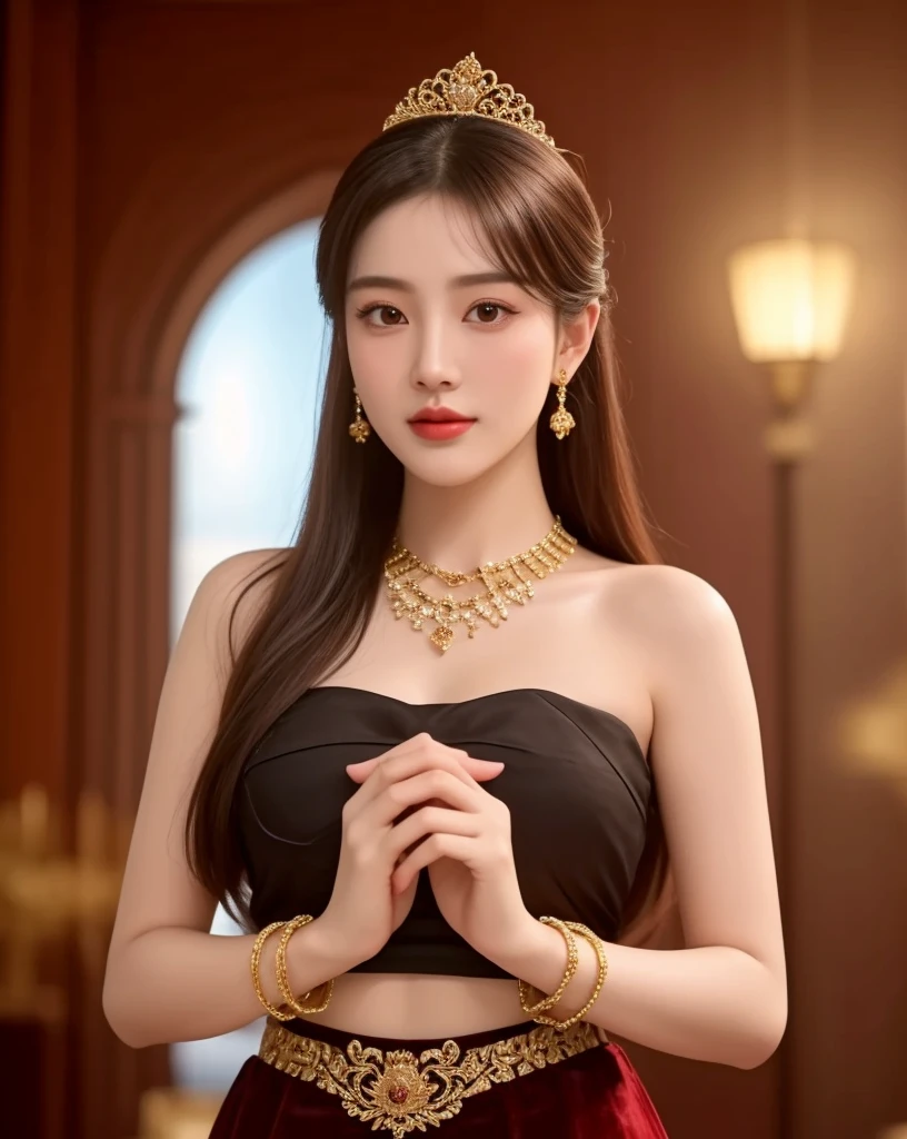 (ผู้หญิงlong hairชาวเอเชียตะวันออกเฉียงใต้ที่มีใบหน้ากลม,,very large breasts,,Chest measurement 36 inches.,)) Warm light, morning sun,  long hair,black eyes,abdominal muscles, The body is beautiful and strong., thick hips, rounded chest, (digital painting, HDR, high contrast), 3d, 8K, 45,000,000 pixcls,Asian girl, Gorgeous Chinese model, jaw-dropping beauty, Attractive, sexy, seductive face and body, A woman in a red dress and gold jewelry poses for a photo., traditional beauty, Sukhothai dress, Southeast Asia that has existed for a long time, traditional chinese, traditional, beautiful oriental woman, traditional tai costume, asian woman, Dilraba Dilmurat, Chinese style, Niwan Chandra, wear red dress, Wear luxurious jewelry., Inspired by Tang Di
