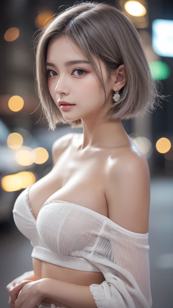 ((Highest quality、8K、masterpiece:1.3))、Sharpness:1.2、Perfect body beauty:1.4、Slim Abs:1.2、((Short Hair Styles Grey Hair、Big Tits Cleavage:1.2))、(White off-shoulder shirt:1.1)、(Neon city at night:1.2)、Wet:1.5、Highly detailed face and skin texture、Fine particles、double eyelid、Profile looking at the camera、tits