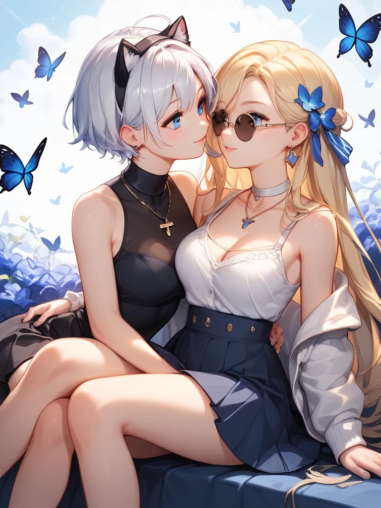 Illustration of a character with white hair, blue eyes, and wearing round sunglasses. They are dressed in a dark outfit, surrounded by blue and black butterflies under a light rain. The character is sitting with one arm resting on their knee and the other hand touching the ground.