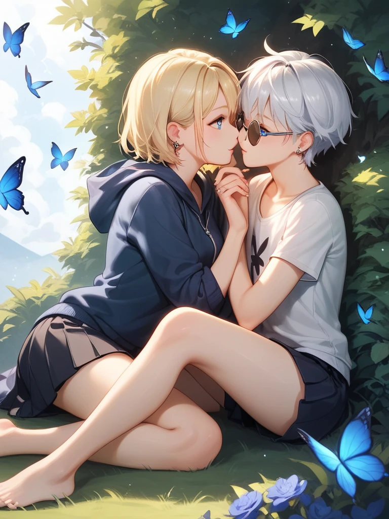 Illustration of a character with white hair, blue eyes, and wearing round sunglasses. They are dressed in a dark outfit, surrounded by blue and black butterflies under a light rain. The character is sitting with one arm resting on their knee and the other hand touching the ground.