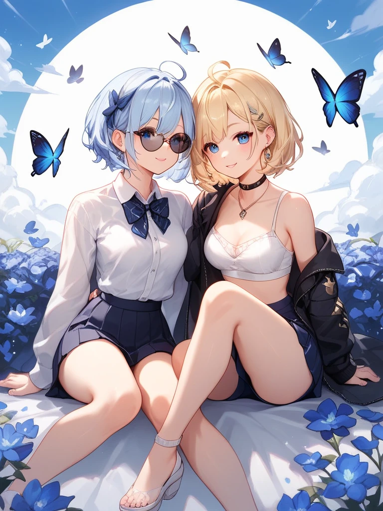 Illustration of a character with white hair, blue eyes, and wearing round sunglasses. They are dressed in a dark outfit, surrounded by blue and black butterflies under a light rain. The character is sitting with one arm resting on their knee and the other hand touching the ground.