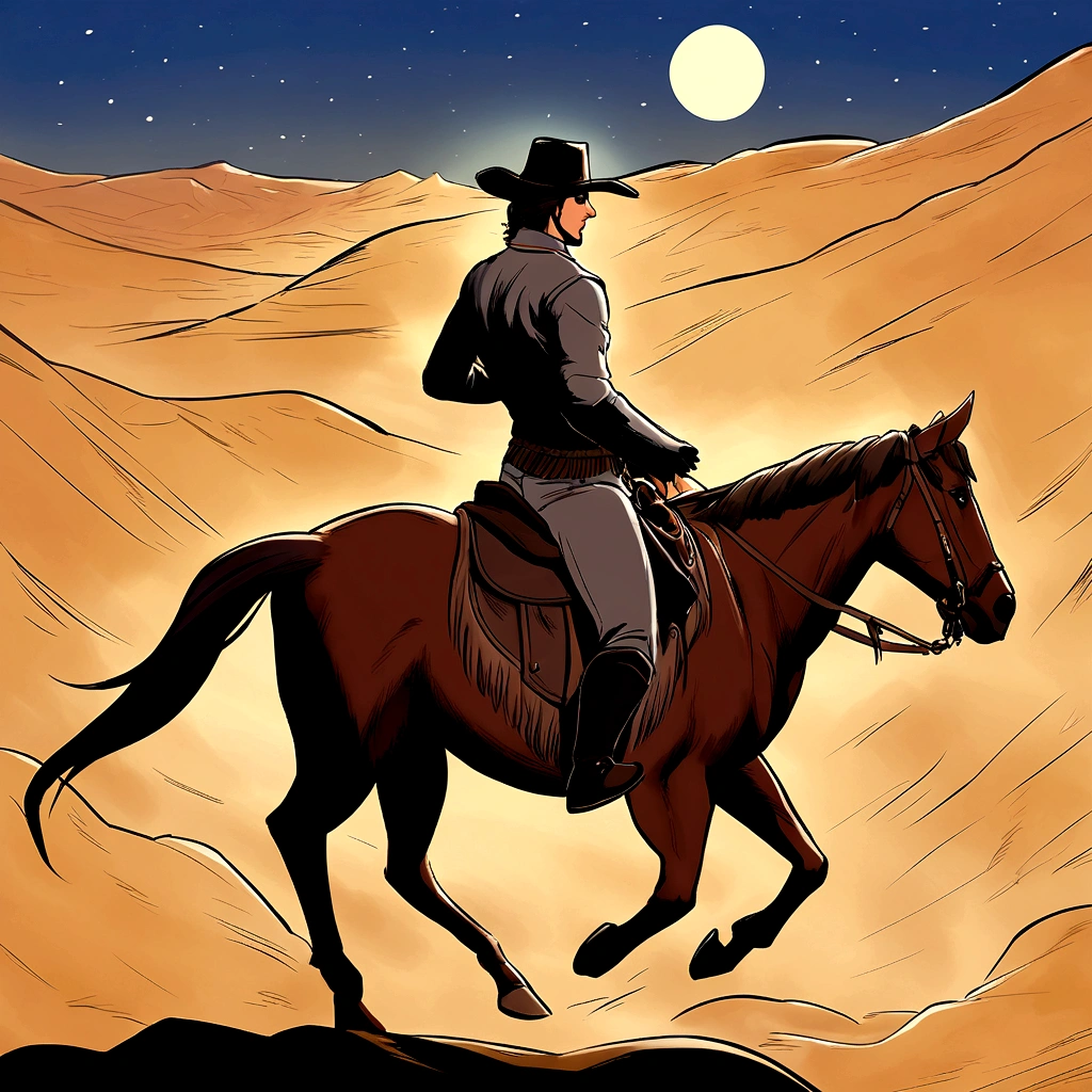 A man on a horse in front of a full moon., Riding on the Moon, cowboy, cowboy на Стрип, Back photo of a cowboy, No The Old West, cowboy на странном западе, The Old West, The Lone Security Guard, Cowboy Dream, Western-style comics,  Rider, Director: Cynthia Wright, Space Western, Moonwalker Photography