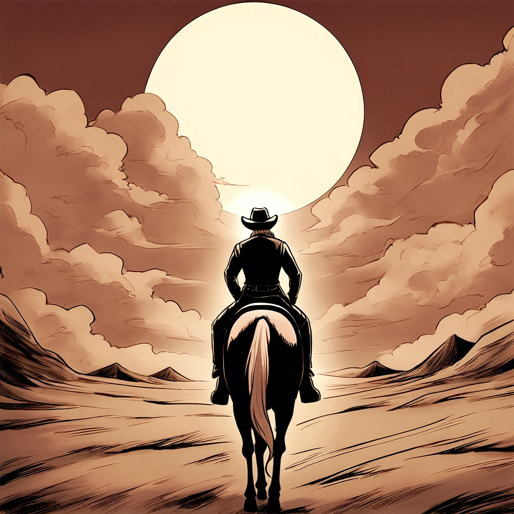 A man on a horse in front of a full moon., Riding on the Moon, cowboy, cowboy на Стрип, Back photo of a cowboy, No The Old West, cowboy на странном западе, The Old West, The Lone Security Guard, Cowboy Dream, Western-style comics,  Rider, Director: Cynthia Wright, Space Western, Moonwalker Photography