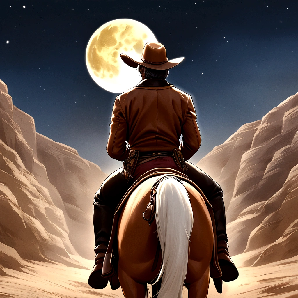 A man on a horse in front of a full moon., Riding on the Moon, cowboy, cowboy на Стрип, Back photo of a cowboy, No The Old West, cowboy на странном западе, The Old West, The Lone Security Guard, Cowboy Dream, Western-style comics,  Rider, Director: Cynthia Wright, Space Western, Moonwalker Photography