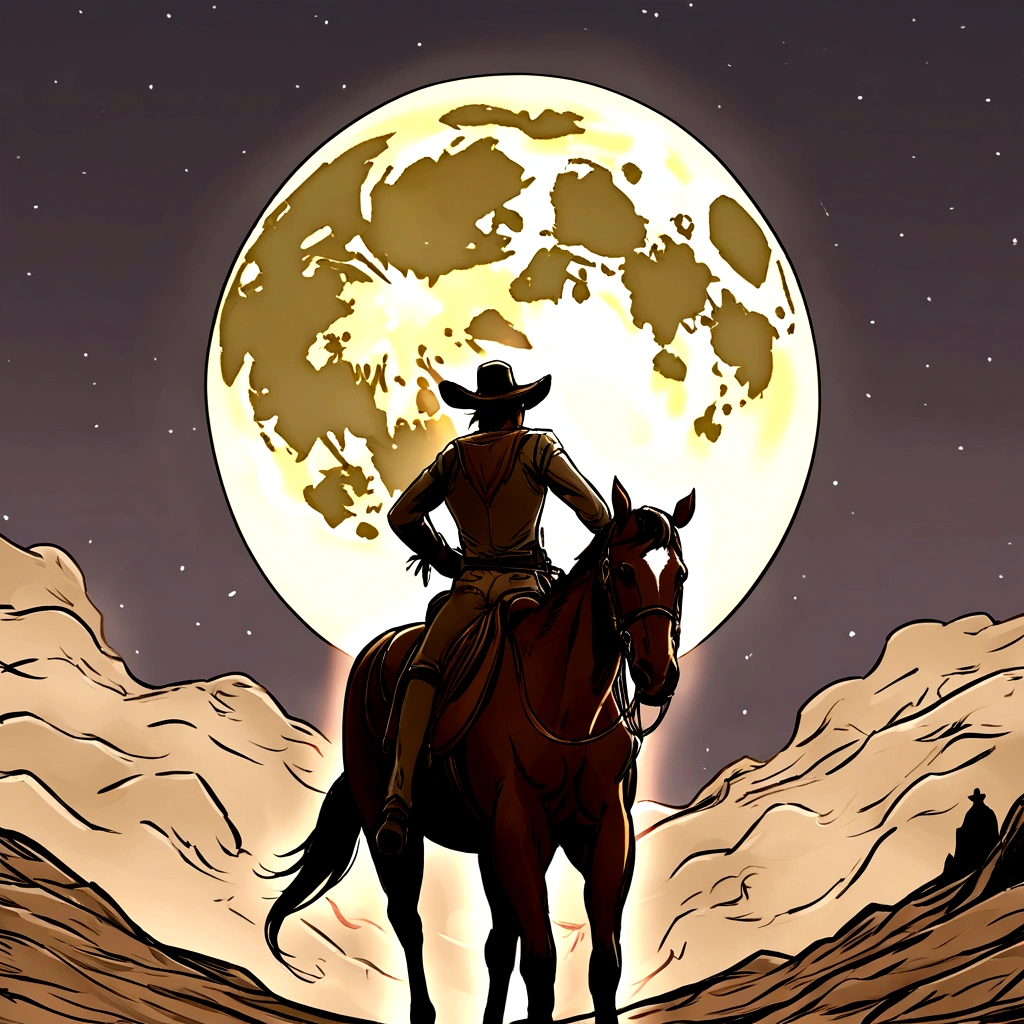 A man on a horse in front of a full moon., Riding on the Moon, cowboy, cowboy на Стрип, Back photo of a cowboy, No The Old West, cowboy на странном западе, The Old West, The Lone Security Guard, Cowboy Dream, Western-style comics,  Rider, Director: Cynthia Wright, Space Western, Moonwalker Photography