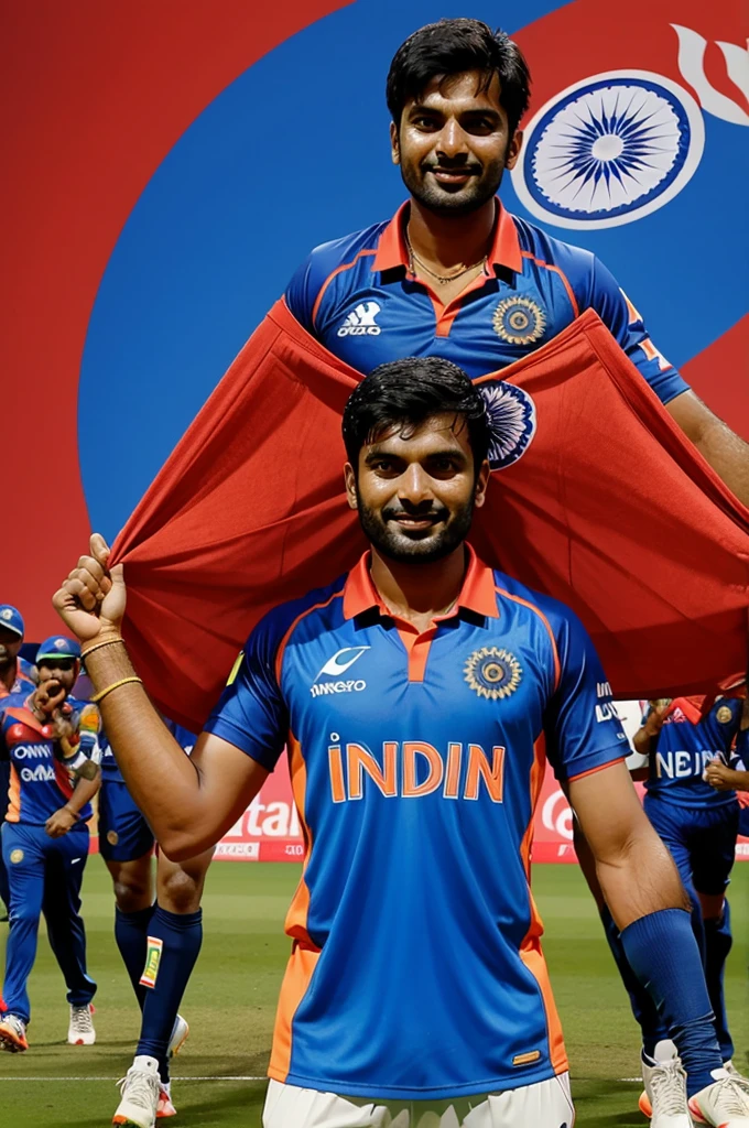 Create a image of Indian team winning t20 world cup with the team