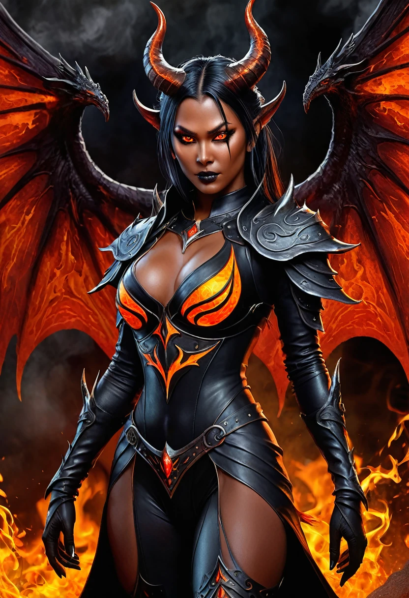 Detailed digital painting of full body female Baldur's Gate 3 Demon Mizora, Amita Suman, stunning pretty but mean facial traits, grey skin, leathery huge and black demonwings, fiery and ominous atmosphere, high quality, digital painting, menacing demonic features, glowing eyes, intense expression, swirling background flames, dark and foreboding color tones, intricate horns, fiery backdrop, dramatic lighting