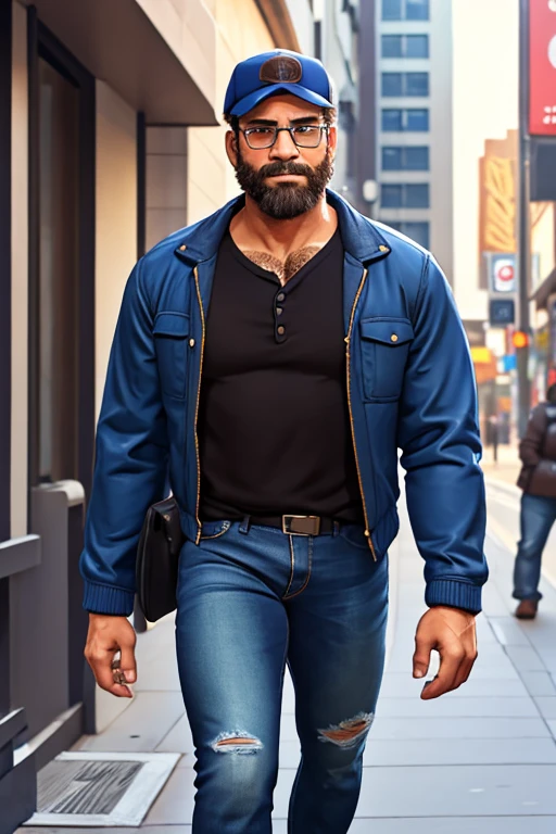 A tall muscular 40 years old man, brown curled up messy hair, big beard, wearing a open blue jacket, white button-up shirt below jacket, black jeans, eye glasses, walking on street, wearing a cap