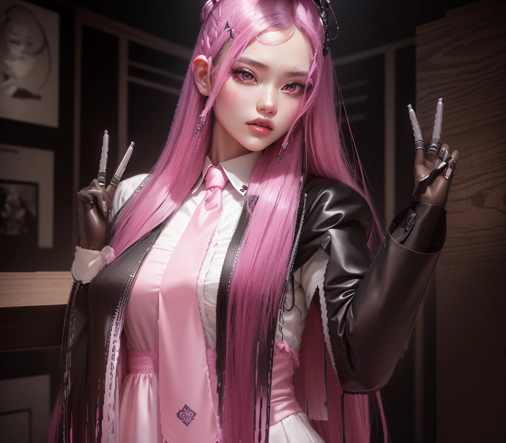 AVATAR SECOND LIFE Korean girl wearing a dress blouse with tie, Asian, pink long hair, pink hair,, Perfect and detailed face, imvu, maximalist details, AVATAR SECOND LIFE Korean blusa , neon, white white dress blouse