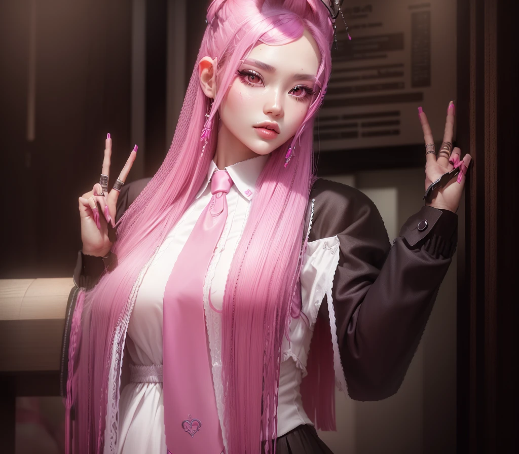 AVATAR SECOND LIFE Korean girl wearing a dress blouse with tie, Asian, pink long hair, pink  hair,, Perfect and detailed face, imvu, maximalist details, AVATAR SECOND LIFE Korean blusa , neon, white white dress blouse