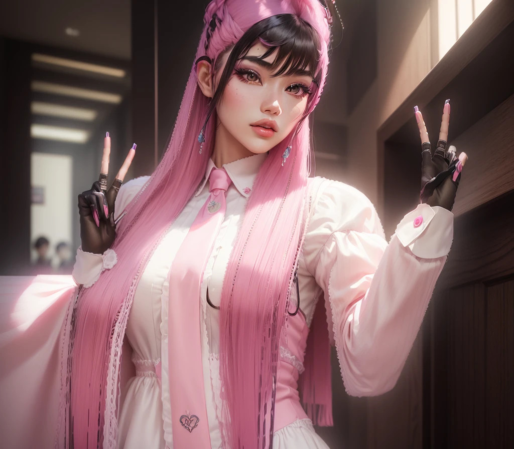 AVATAR SECOND LIFE Korean girl wearing a dress blouse with tie, Asian, pink long hair, pink  hair,, Perfect and detailed face, imvu, maximalist details, AVATAR SECOND LIFE Korean blusa , neon, white white dress blouse