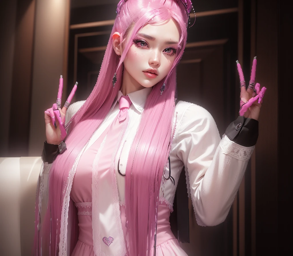 AVATAR SECOND LIFE Korean girl wearing a dress blouse with tie, Asian, pink long hair, pink hair,, Perfect and detailed face, imvu, maximalist details, AVATAR SECOND LIFE Korean blusa , neon, white white dress blouse