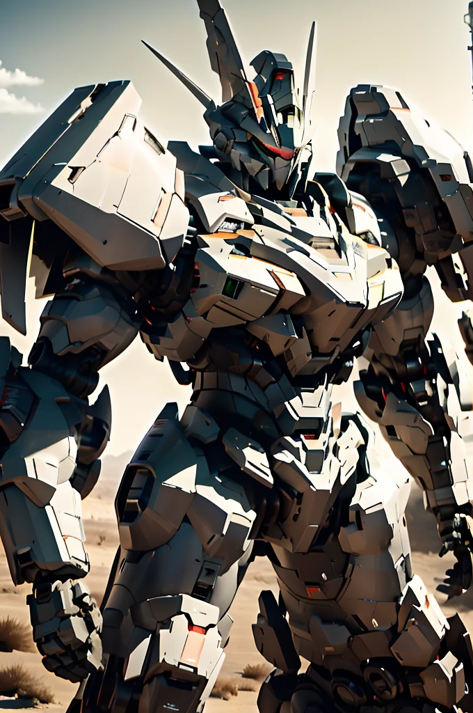 nijiMecha,gray machine standing in the desert,Cloak that covers the upper body,Odd Eye with Red Eyes and Green Eyes,Short limbs,Energy Core,Power Armor,full armor,Feels old,best quality,masterpiece,There are no humans,V pin,Bule Themes