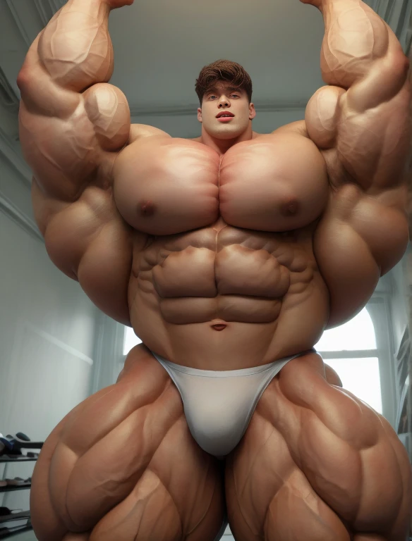 1boy, giant, alone, giant bodybuilder, illuminating light, strong body, bulk, large size, standing in white room photo studio, indoor, armpit, nude, white triangular underwear, thick bulge, scratch his bulge, extraordinary big, brutalmass, giant muscular body, bulk, buff, massive body, large meaty body size, extremely wide body