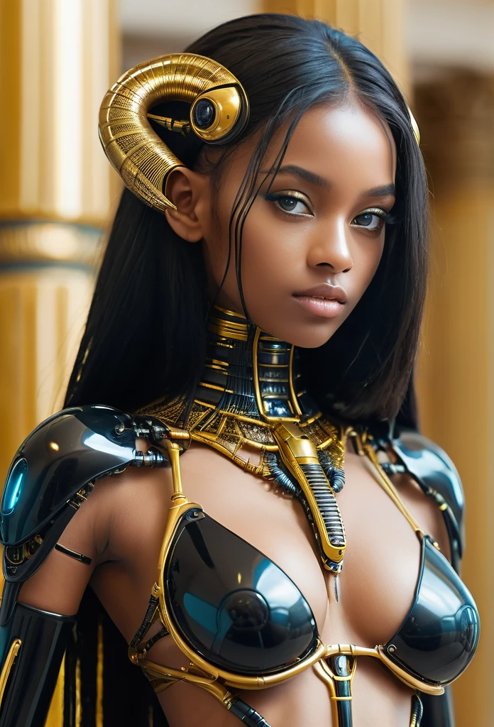close-up, without clothes cute black 17 yea wears an insectoid exoskeleton made from glass parts, looking at me, flirt, love me, cybernetic gold parts of body, straight hair, against the backdrop gold Egyptian columns, ultra high quality detailing