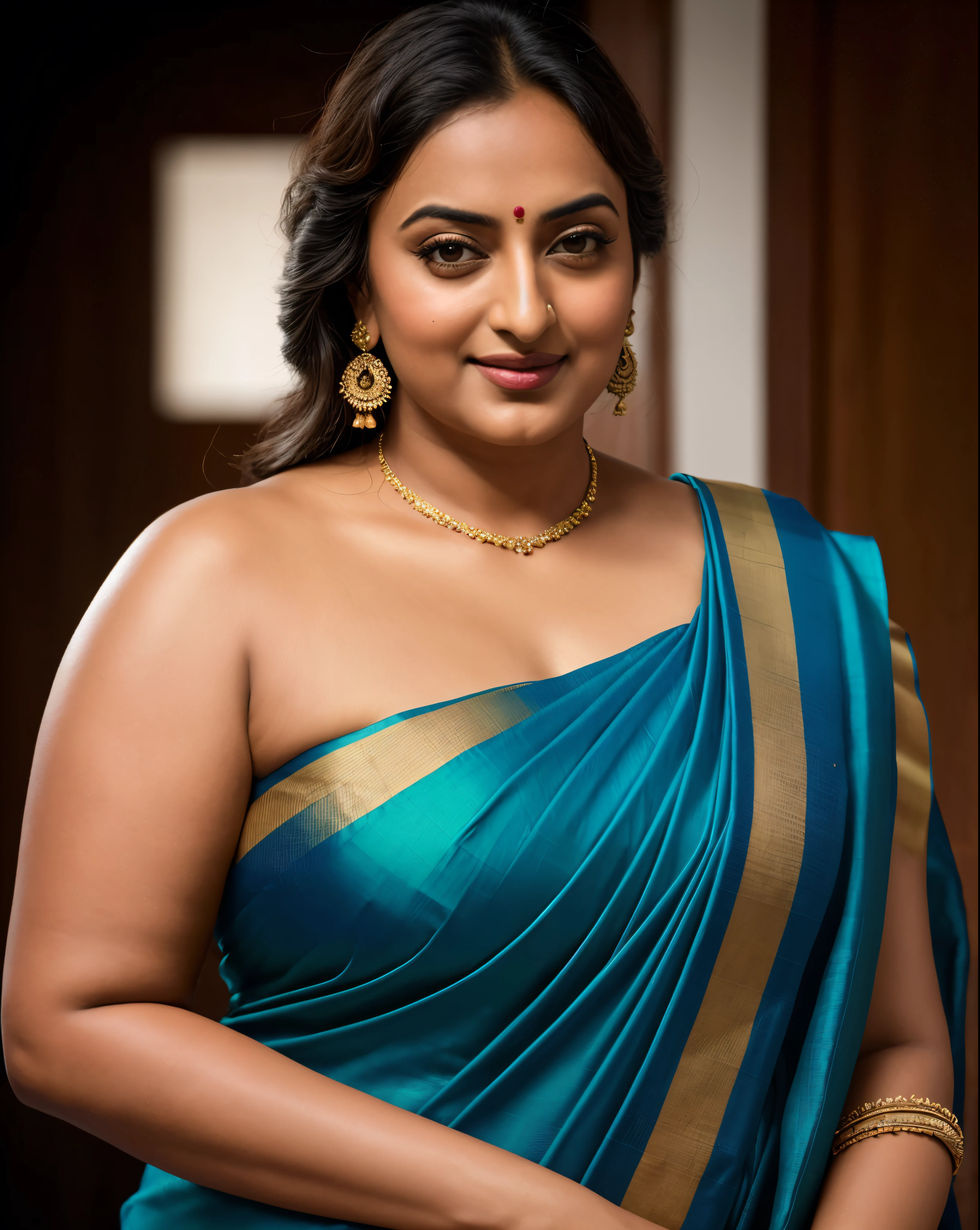 Foto RAW, photorealistic, photography, full body shot, 50 years old Woman, master shot, perfect eyes, goddess like beauty, pierced eyes, perfect thick chubby mallu Desi aunty bhabhi, Wearing a Stanapatta, a chest-band.Saree model, model Photography, Indian saree shoot, Indian traditional wear advertising photography, traditional wear brand shoot, face of Indian actress Sonakshi Sinha, masterpiece, realistic, realism, incredible details,  pleasure, photorealism, detailed skin, skin pores, high contrast, photorealistic Artstation 8k HD digital art trend of high definition and detailed realistic skin texture, ultra detail, realistic skin texture, armature, best quality, ultra high definition, (photorealistic:1.4),, high resolution, detail, raw photo, sweat, Re sharp, by Lee Jefferies Nikon D850 Film Stock Photo 4 Kodak Portra 400 Camera F1.6 Lens Rich Color Ultra Real Realistic Realistic Textures Dramatic Lighting Unreal Engine Trending at Art Station Cinestill 800,(pele altamente detalhada: 1.2), 8k UHD, DSLR, soft-lighting, alta qualidade, grain of film, Fujifilm XT3,she didn't like to wear blouse or bra, she is happy to wear only saree, she hates blouse or bra, detailed hairy armpits, hyper realistic skin, skin pores, sweat, veins, 