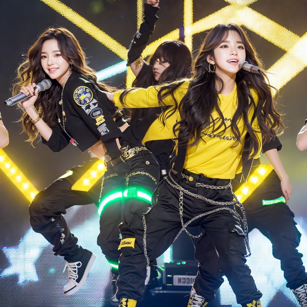 Create a Korean kpop idol with wavy hair and long silver bangs and green eyes dressed in black cargo pants and a yellow blouse written luminosity with some star decorations not only on the blouse but also on the pants and wearing yellow boots and doing the choreography of one of his songs on stage