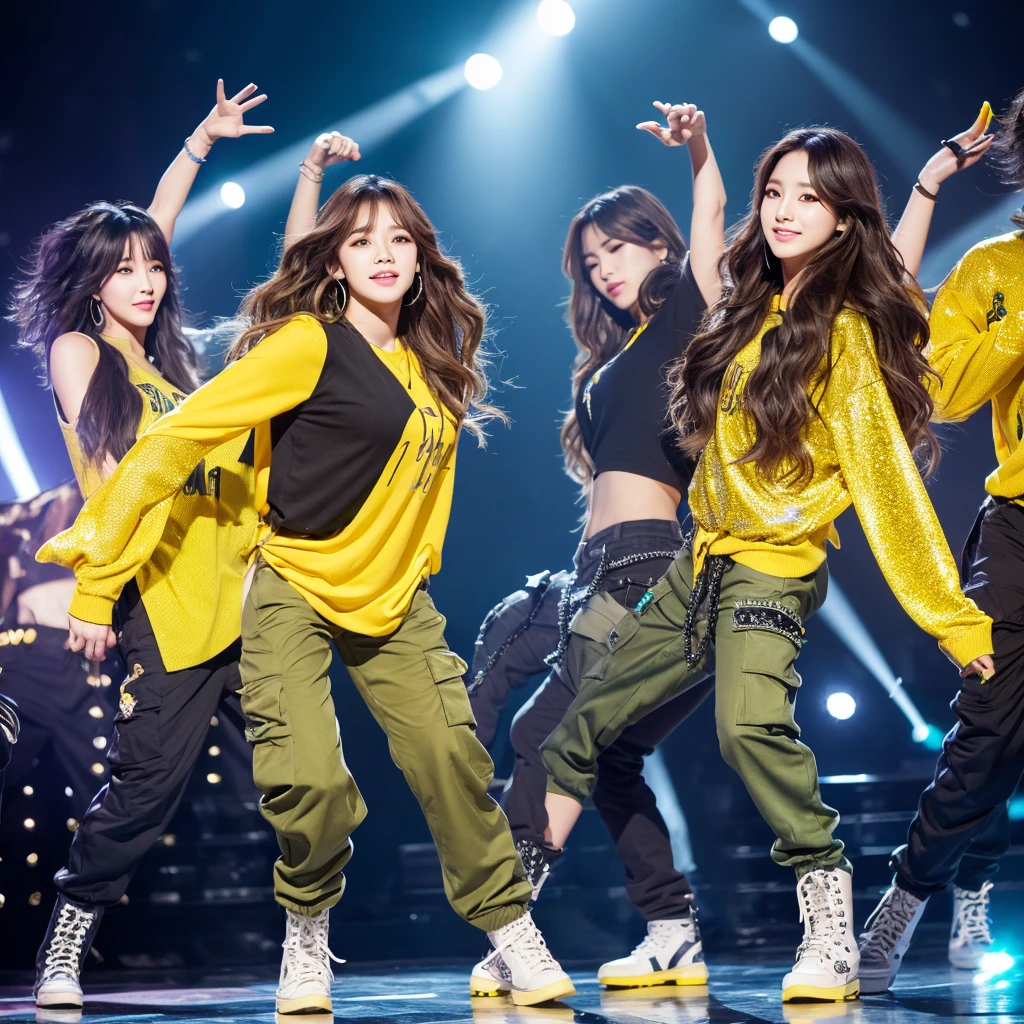 Create a Korean kpop idol with wavy hair and long silver bangs and green eyes dressed in black cargo pants and a yellow blouse written luminosity with some star decorations not only on the blouse but also on the pants and wearing yellow boots and doing the choreography of one of his songs on stage