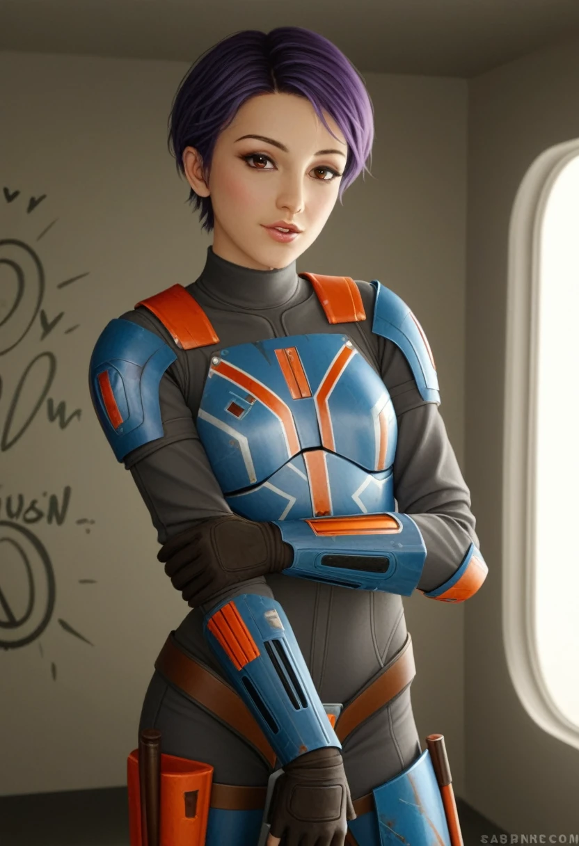 score_9_up, score_8_up, score_7_up, 1girl, solo, mature female, ((Sabin Wren)), purple short  hair, pixie haircut, brown eyes, pink lips, parted lips, fit slim body, (((graffiti painted Mandalorian armor suit))), (((dark grey Starship room, space in the porthole, detailed furniture, highly detailed interior, blue led backlight))), perfect model body, seductive pose