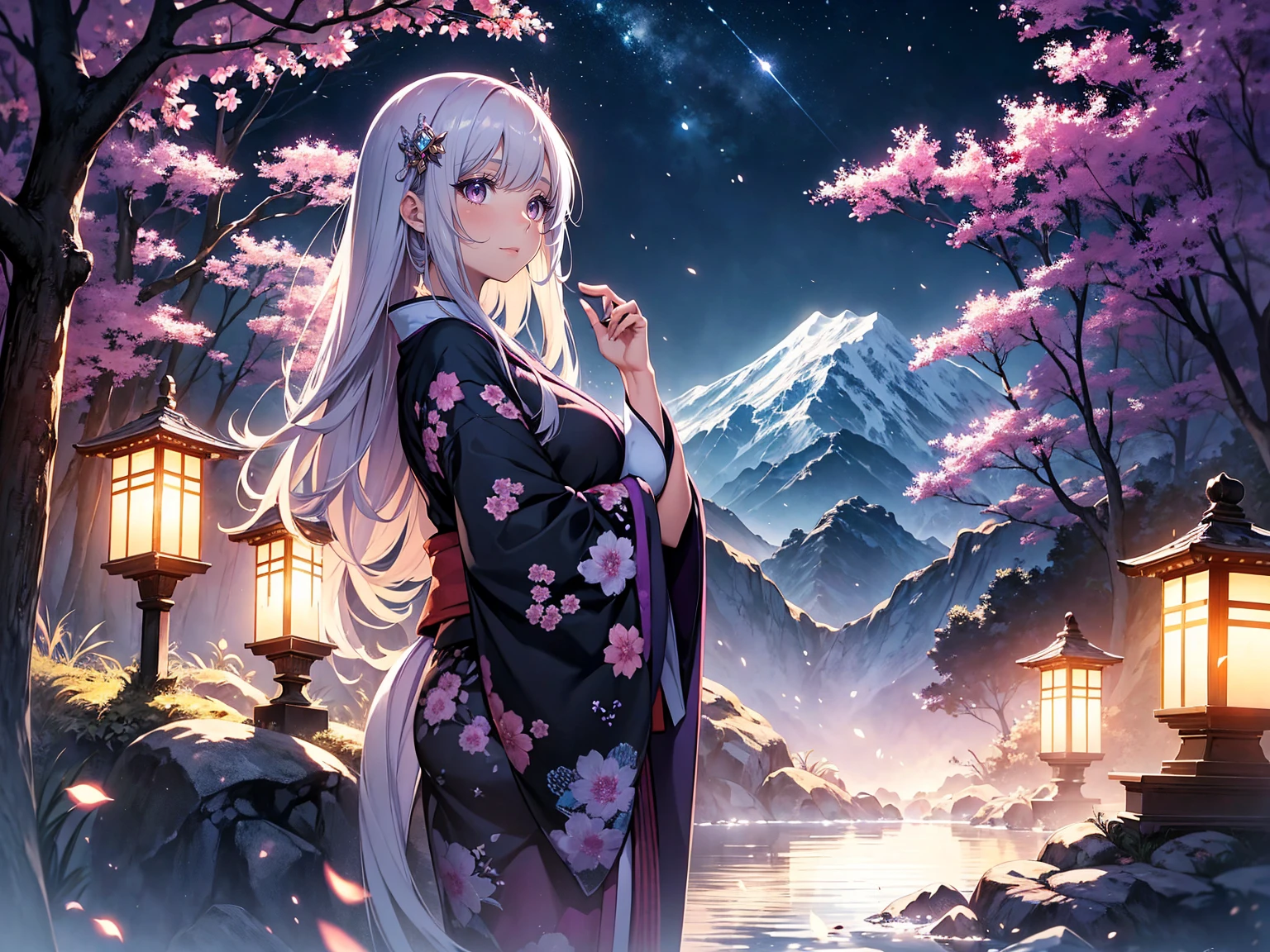A princess with a delicate, beautiful face, large eyes, and clear black straight hair, looking enchanting in a traditional, gorgeous Japanese red and purple kimono, stands on a rock in the mountains and looks up. A gentle, warm light surrounds the princess. The background is filled with soft out-of-focus light, and the pale blue and purple hues create a dreamy, serene, and enchanting atmosphere. Fireflies glowing in the moonlit night surround the princess, adding to the magical and ethereal atmosphere. 45 years old