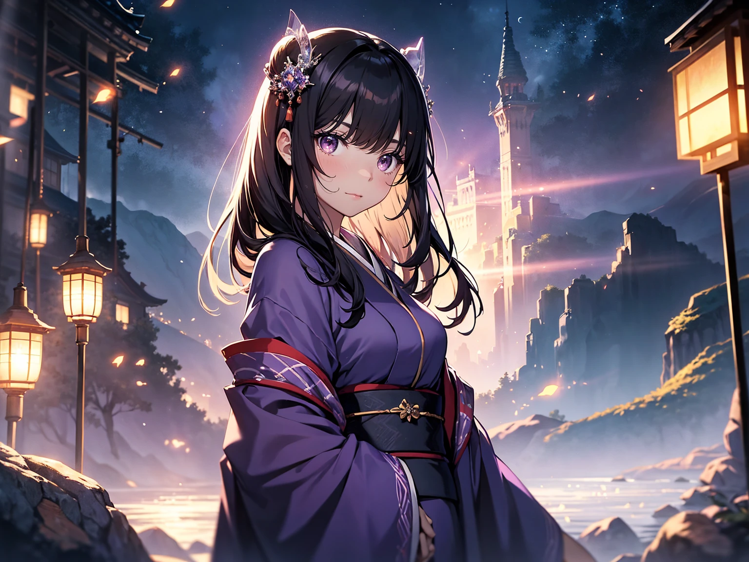 A princess with a delicate, beautiful face, large eyes, and clear black straight hair, looking enchanting in a traditional, gorgeous Japanese red and purple kimono, stands on a rock in the mountains and looks up. A gentle, warm light surrounds the princess. The background is filled with soft out-of-focus light, and the pale blue and purple hues create a dreamy, serene, and enchanting atmosphere. Fireflies glowing in the moonlit night surround the princess, adding to the magical and ethereal atmosphere. 45 years old