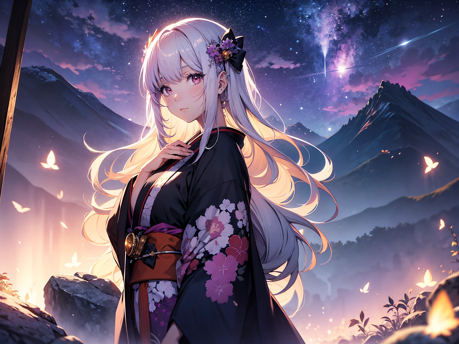 A princess with a delicate, beautiful face, large eyes, and clear black straight hair, looking enchanting in a traditional, gorgeous Japanese red and purple kimono, stands on a rock in the mountains and looks up. A gentle, warm light surrounds the princess. The background is filled with soft out-of-focus light, and the pale blue and purple hues create a dreamy, serene, and enchanting atmosphere. Fireflies glowing in the moonlit night surround the princess, adding to the magical and ethereal atmosphere. 45 years old