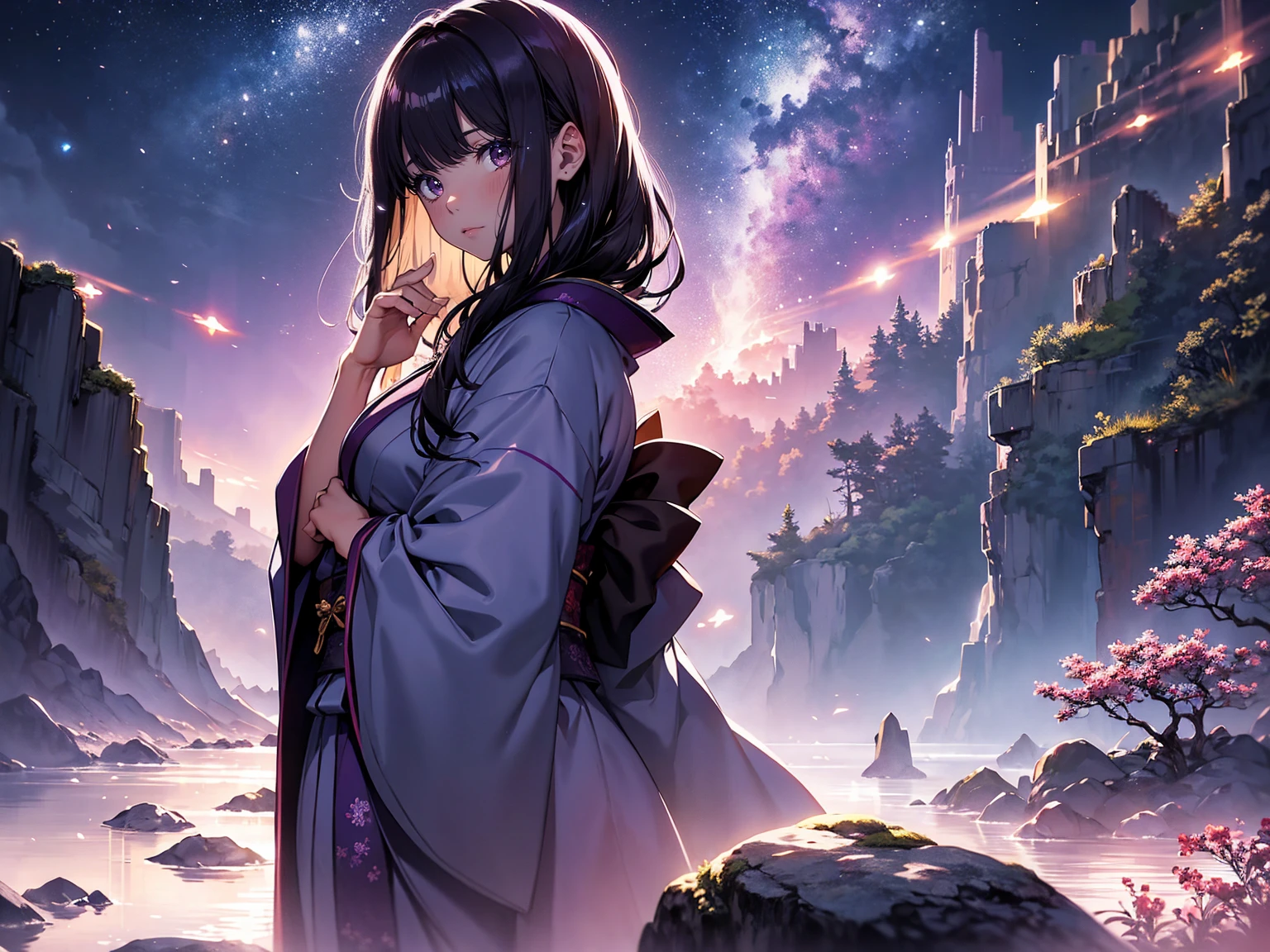 A princess with a delicate, beautiful face, large eyes, and clear black straight hair, looking enchanting in a traditional, gorgeous Japanese red and purple kimono, stands on a rock in the mountains and looks up. A gentle, warm light surrounds the princess. The background is filled with soft out-of-focus light, and the pale blue and purple hues create a dreamy, serene, and enchanting atmosphere. Fireflies glowing in the moonlit night surround the princess, adding to the magical and ethereal atmosphere. 45 years old