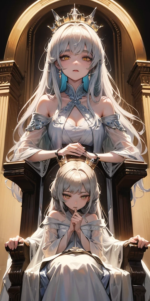 (Masterpiece:1.2), best quality, (illustration:1.2), (ultra-detailed), hyper details, (delicate detailed), (intricate details), (cinematic light, best quality Backlights), clear line, from below, soloist, perfect body, (1girl), white hair and yellow eyes, (emperor, black see-through clothes), (crown: 1.1), sitting on the throne, eyes slightly closed, head down, (shy: 1.2 ), (makeup), high contrast, (best illumination, an extremely create and beautiful), (cinematic light), colorful,